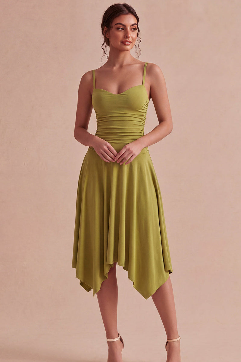 Load image into Gallery viewer, Spaghetti Straps Olive Asymmetrical Ruched A Line Graduation Dress