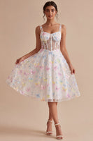 Load image into Gallery viewer, Corset Floral White Thick Straps Beaded A Line Midi Graduation Dress