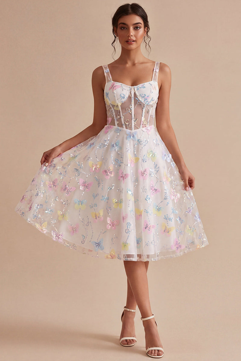 Load image into Gallery viewer, Corset Floral White Thick Straps Beaded A Line Midi Graduation Dress