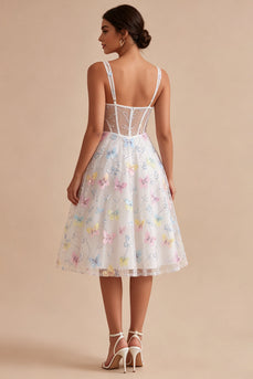 Corset Floral White Thick Straps Beaded A Line Midi Graduation Dress