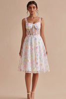 Load image into Gallery viewer, Corset Floral White Thick Straps Beaded A Line Midi Graduation Dress