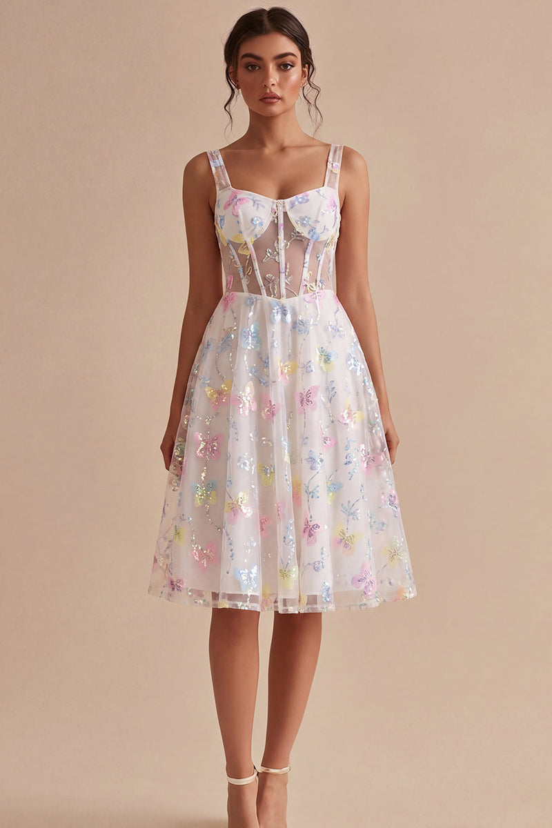Load image into Gallery viewer, Corset Floral White Thick Straps Beaded A Line Midi Graduation Dress