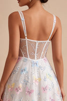 Load image into Gallery viewer, Corset Floral White Thick Straps Beaded A Line Midi Graduation Dress