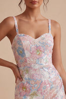 Load image into Gallery viewer, Floral Sparkly Tight Pink Short Thick Straps Beaded Graduation Dress