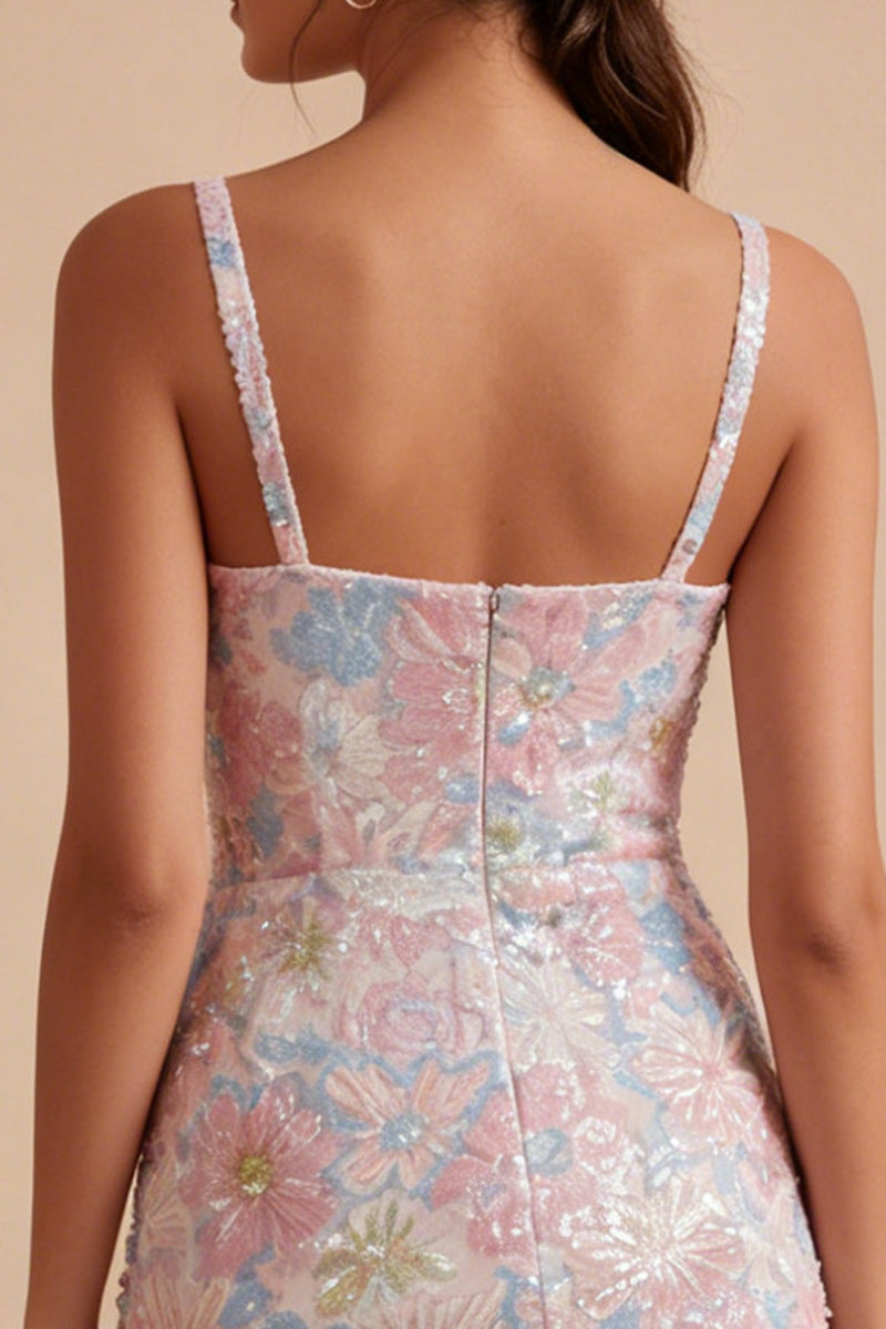 Load image into Gallery viewer, Floral Sparkly Tight Pink Short Thick Straps Beaded Graduation Dress