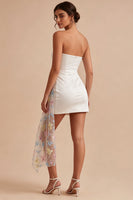 Load image into Gallery viewer, White Strapless Floral Tight Short Beaded Graduation Dress with Sash