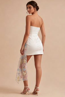 White Strapless Floral Tight Short Beaded Graduation Dress with Sash