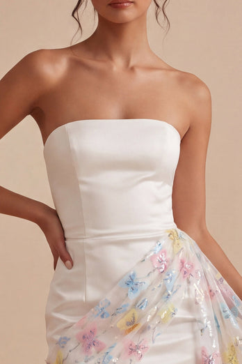 Queendancer Women White Tight Floral Short Graduation Dress with Sash  Strapless Beaded Bachelorette Dress – queendanceruk