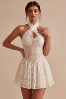 Load image into Gallery viewer, Floral Ivory Halter Lace Keyhole Short A Line Graduation Dress