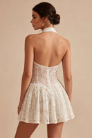Load image into Gallery viewer, Floral Ivory Halter Lace Keyhole Short A Line Graduation Dress