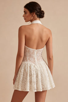 Floral Ivory Halter Lace Keyhole Short A Line Graduation Dress