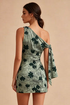 Green Tight Short One Shoulder Floral Graduation Dress with Sash