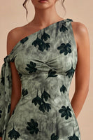 Load image into Gallery viewer, Green Tight Short One Shoulder Floral Graduation Dress with Sash