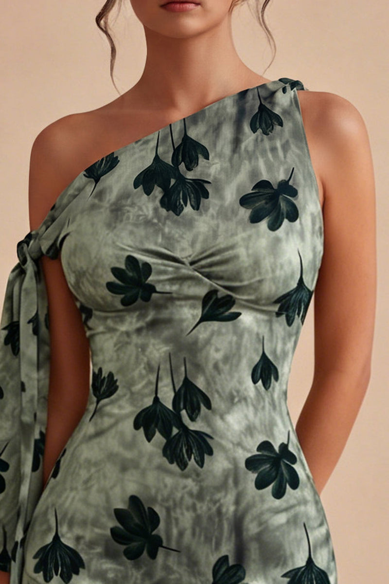 Load image into Gallery viewer, Green Tight Short One Shoulder Floral Graduation Dress with Sash