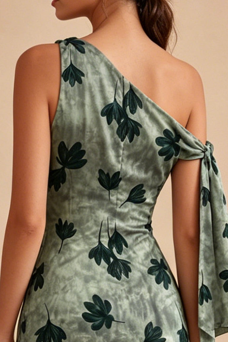 Load image into Gallery viewer, Green Tight Short One Shoulder Floral Graduation Dress with Sash