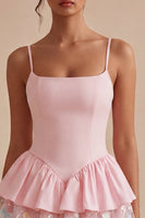 Load image into Gallery viewer, Pink Floral A Line Short Spaghetti Straps Graduation Dress with Ruffles