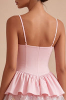 Load image into Gallery viewer, Pink Floral A Line Short Spaghetti Straps Graduation Dress with Ruffles