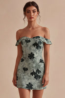 Load image into Gallery viewer, Green Tight Floral Short Off the Shoulder Graduation Dress