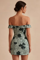 Load image into Gallery viewer, Green Tight Floral Short Off the Shoulder Graduation Dress