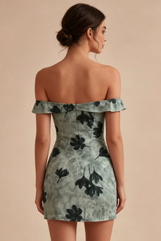 Green Tight Floral Short Off the Shoulder Graduation Dress