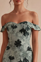 Load image into Gallery viewer, Green Tight Floral Short Off the Shoulder Graduation Dress