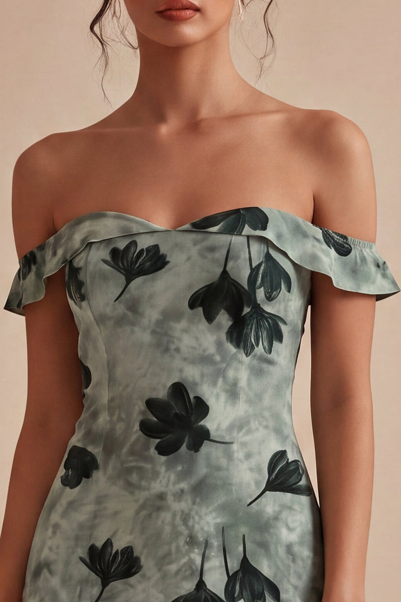 Load image into Gallery viewer, Green Tight Floral Short Off the Shoulder Graduation Dress