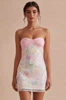Load image into Gallery viewer, Sparkly Floral Pink and White Tight Short Strapless Beaded Graduation Dress