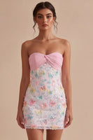 Load image into Gallery viewer, Sparkly Floral Pink and White Tight Short Strapless Beaded Graduation Dress