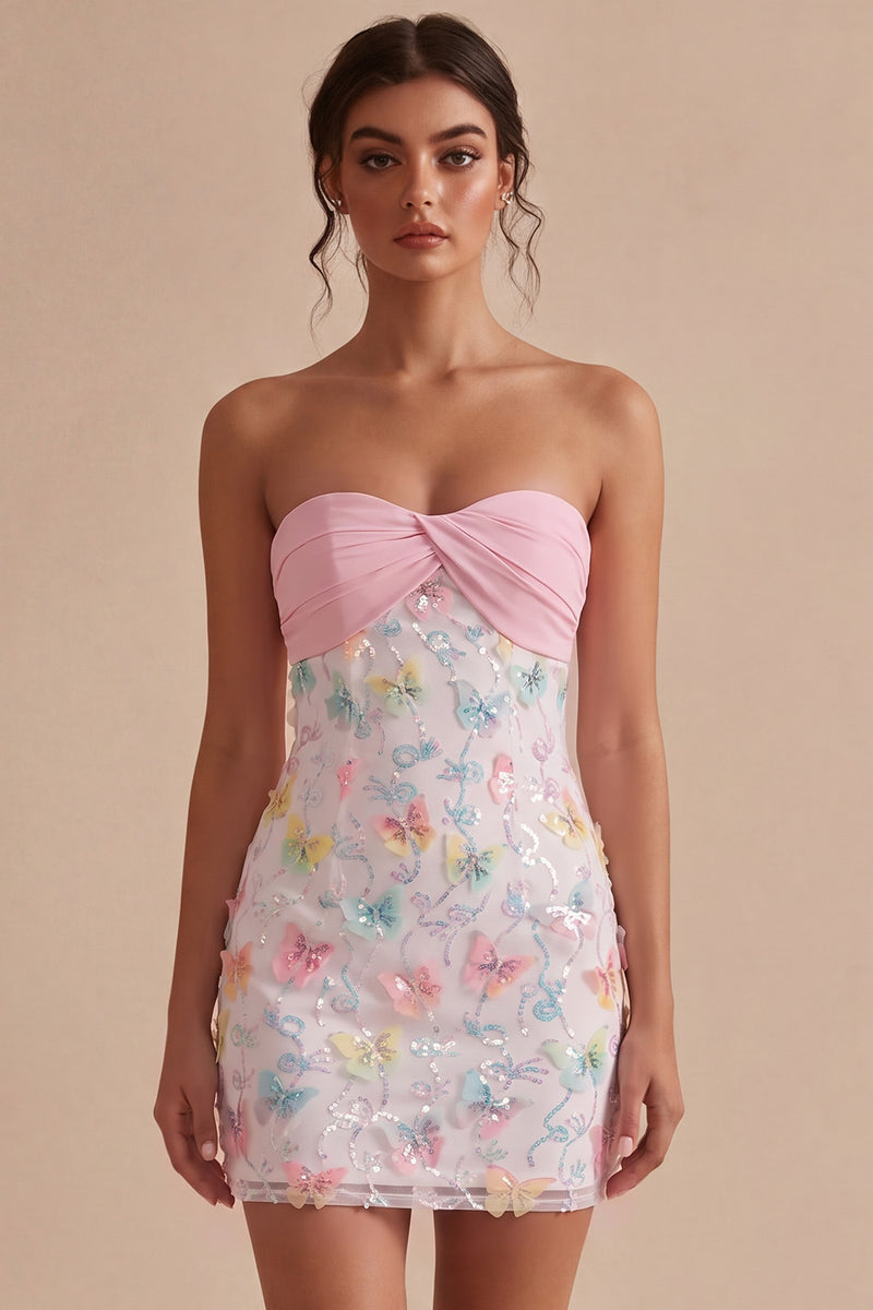 Load image into Gallery viewer, Sparkly Floral Pink and White Tight Short Strapless Beaded Graduation Dress