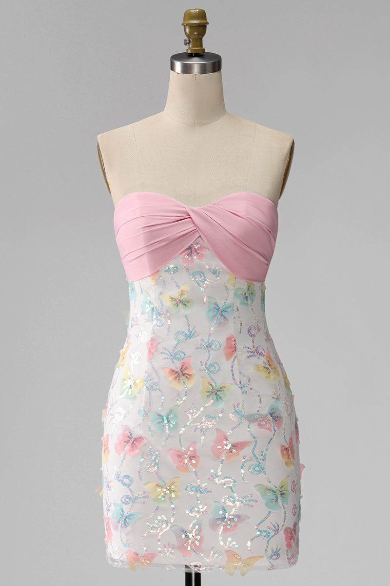 Load image into Gallery viewer, Sparkly Floral Pink and White Tight Short Strapless Beaded Graduation Dress