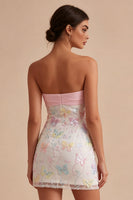 Load image into Gallery viewer, Sparkly Floral Pink and White Tight Short Strapless Beaded Graduation Dress