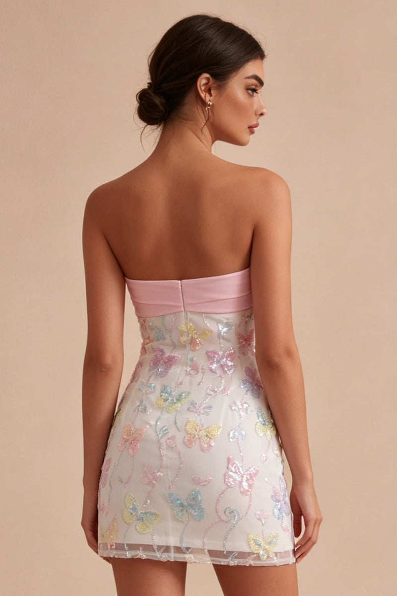 Load image into Gallery viewer, Sparkly Floral Pink and White Tight Short Strapless Beaded Graduation Dress