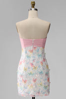 Load image into Gallery viewer, Sparkly Floral Pink and White Tight Short Strapless Beaded Graduation Dress