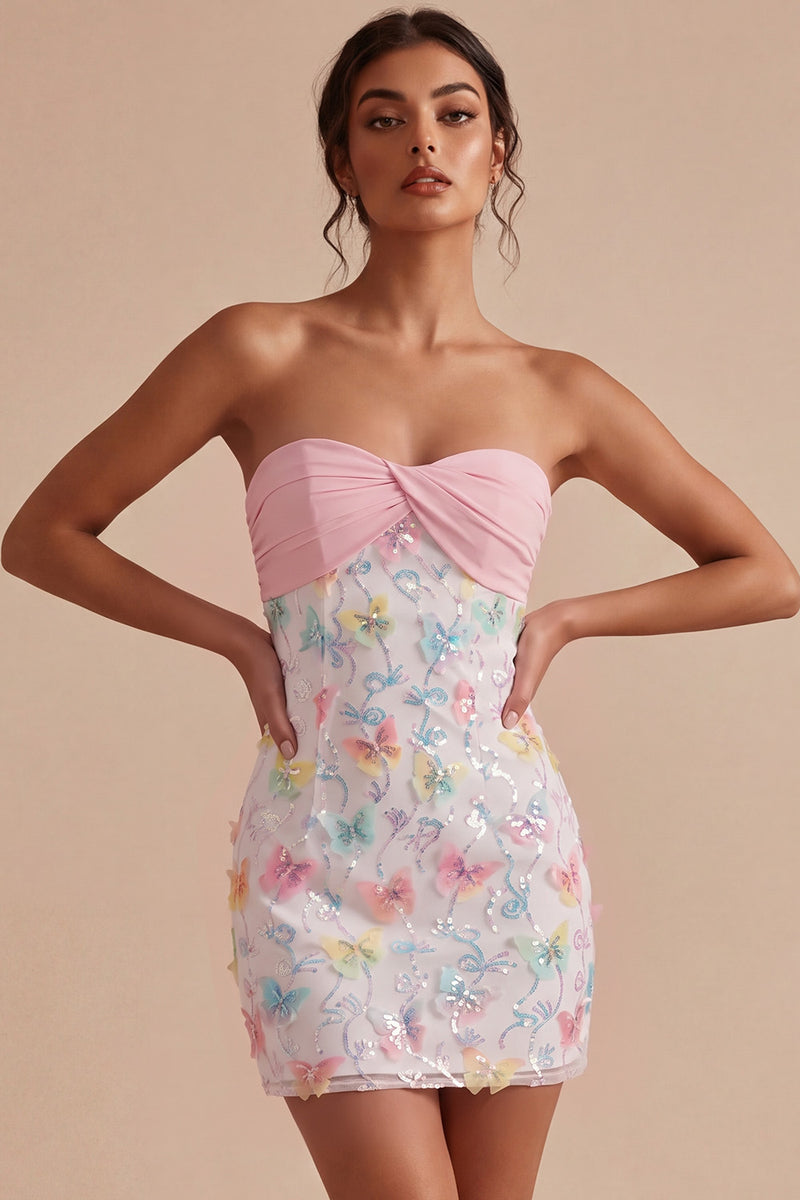 Load image into Gallery viewer, Sparkly Floral Pink and White Tight Short Strapless Beaded Graduation Dress