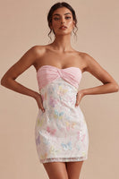 Load image into Gallery viewer, Sparkly Floral Pink and White Tight Short Strapless Beaded Graduation Dress