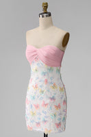 Load image into Gallery viewer, Sparkly Floral Pink and White Tight Short Strapless Beaded Graduation Dress