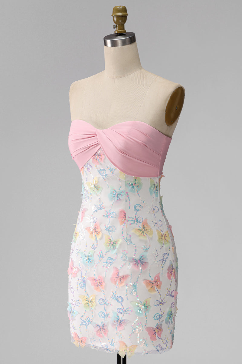 Load image into Gallery viewer, Sparkly Floral Pink and White Tight Short Strapless Beaded Graduation Dress