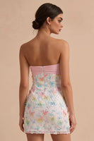 Load image into Gallery viewer, Sparkly Floral Pink and White Tight Short Strapless Beaded Graduation Dress
