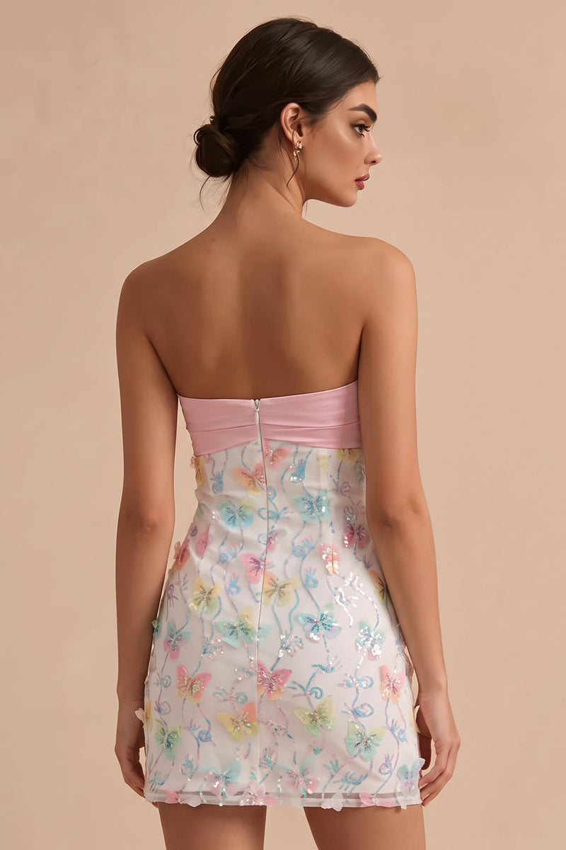 Load image into Gallery viewer, Sparkly Floral Pink and White Tight Short Strapless Beaded Graduation Dress