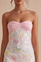 Load image into Gallery viewer, Sparkly Floral Pink and White Tight Short Strapless Beaded Graduation Dress