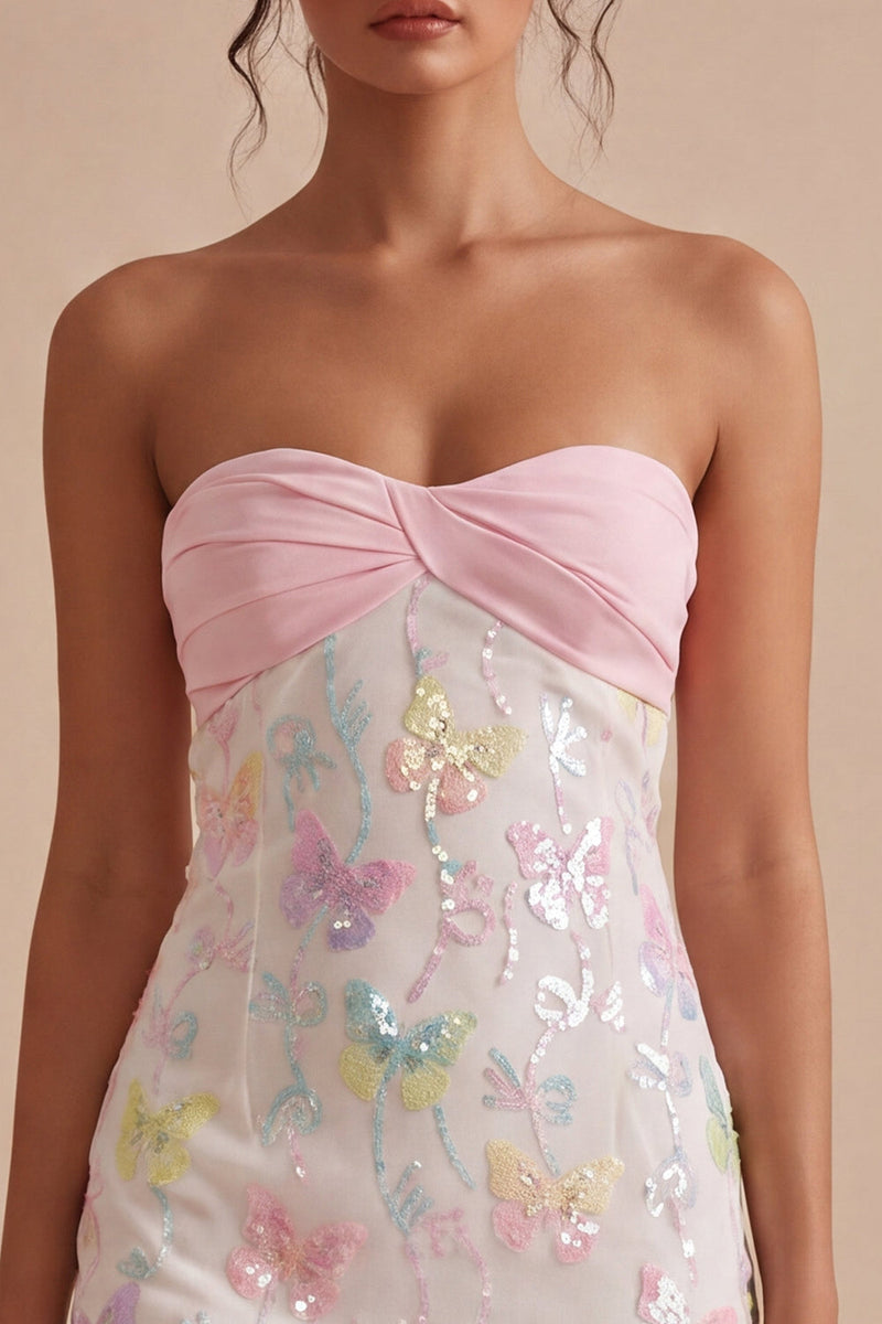 Load image into Gallery viewer, Sparkly Floral Pink and White Tight Short Strapless Beaded Graduation Dress