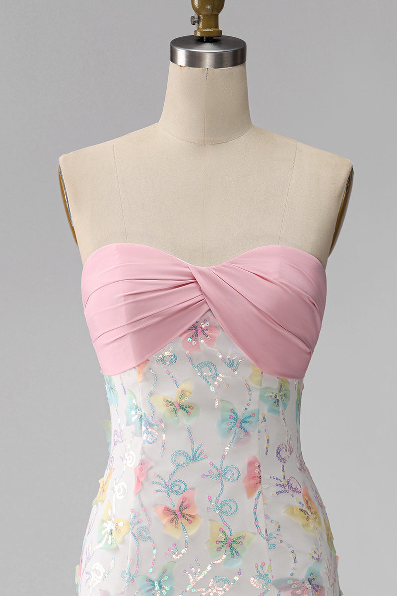 Load image into Gallery viewer, Sparkly Floral Pink and White Tight Short Strapless Beaded Graduation Dress