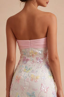 Load image into Gallery viewer, Sparkly Floral Pink and White Tight Short Strapless Beaded Graduation Dress