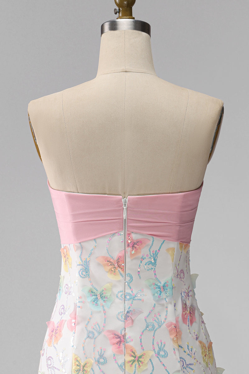 Load image into Gallery viewer, Sparkly Floral Pink and White Tight Short Strapless Beaded Graduation Dress