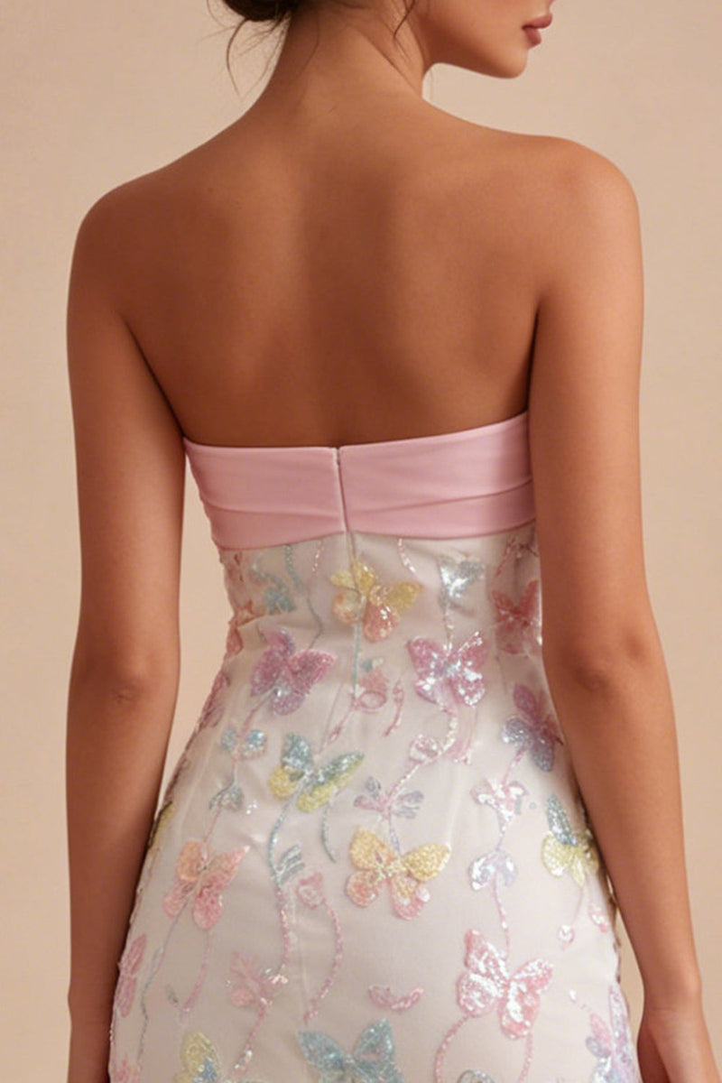 Load image into Gallery viewer, Sparkly Floral Pink and White Tight Short Strapless Beaded Graduation Dress