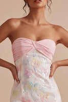Load image into Gallery viewer, Sparkly Floral Pink and White Tight Short Strapless Beaded Graduation Dress