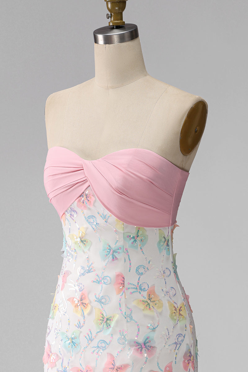 Load image into Gallery viewer, Sparkly Floral Pink and White Tight Short Strapless Beaded Graduation Dress