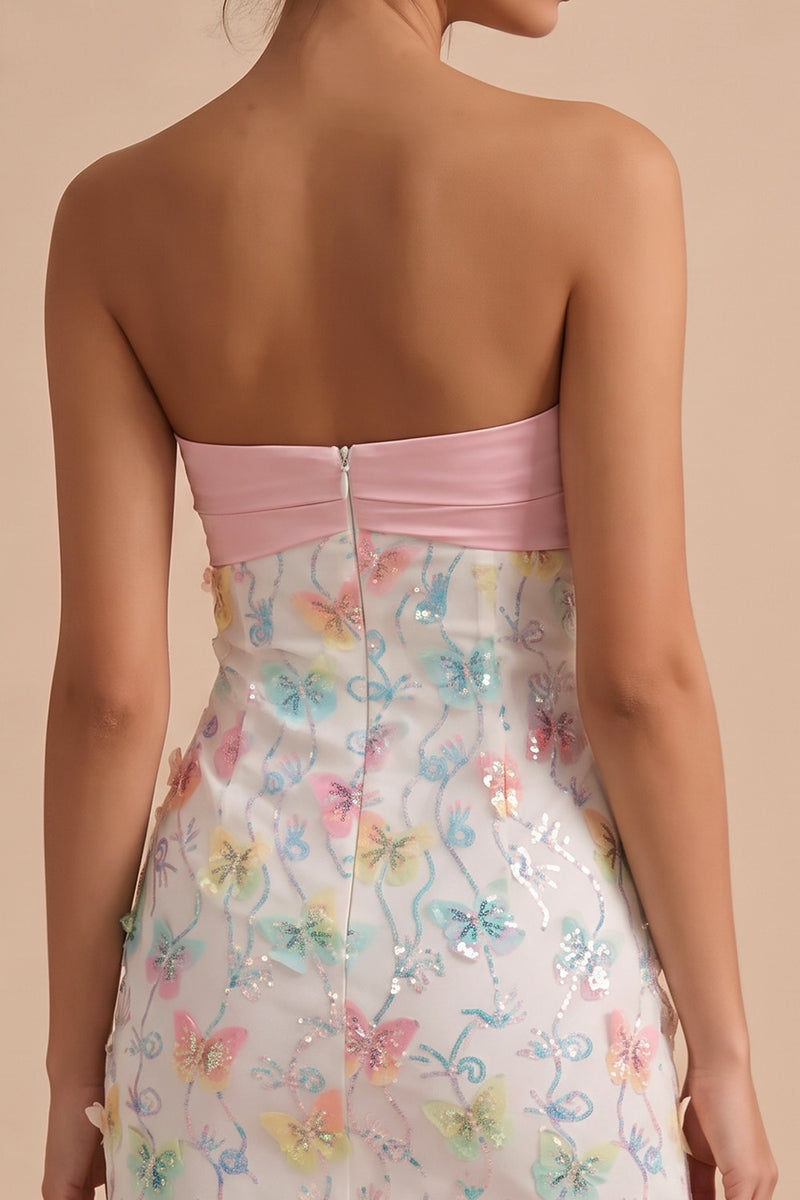 Load image into Gallery viewer, Sparkly Floral Pink and White Tight Short Strapless Beaded Graduation Dress