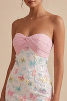 Load image into Gallery viewer, Sparkly Floral Pink and White Tight Short Strapless Beaded Graduation Dress