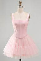 Load image into Gallery viewer, Pink A Line Corset Short Thick Straps Graduation Dress with Ruffles